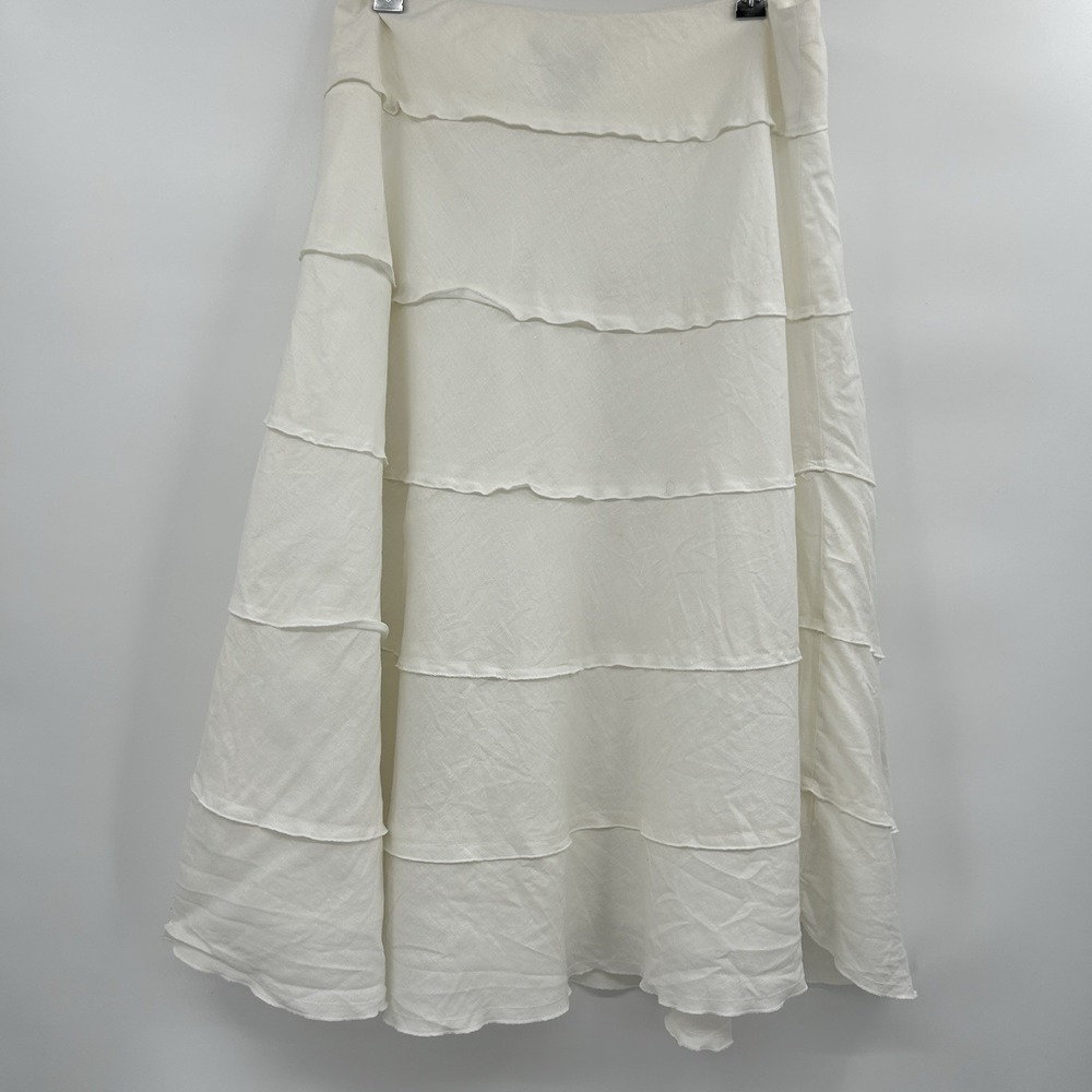 Womens 100% Linen Tiered Midi Skirt Sz 10 Petite‎ Ivory Cottage Coastal Beachy